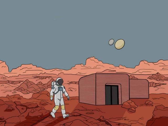 A synthetic habitat could be built with the help of a self-growing technology that harnesses local resources and microbes to autonomously form structures on the Red Planet. (Credit: Texas A&M University)