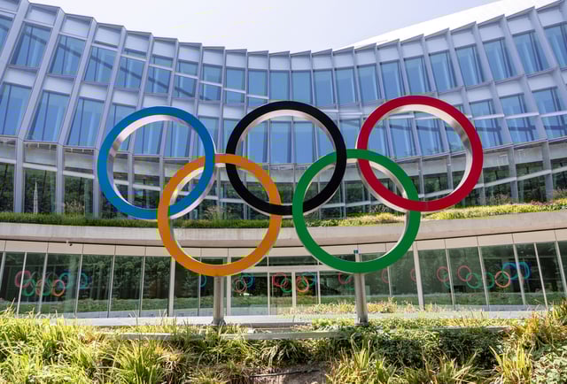 Olympic rings are pictured outside the International Olympic Committee (IOC) ahead of newly elected President Kirsty Coventry first Executive Board meeting at the Olympic House in Lausanne, Switzerland, June 25, 2025. REUTERS/Denis Balibouse