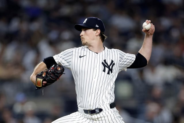 New York Yankees pitcher Max Fried throws during the seventh inning of a baseball game against the Tampa Bay Rays Friday, May 2, 2025, in New York. (AP Photo/Adam Hunger)