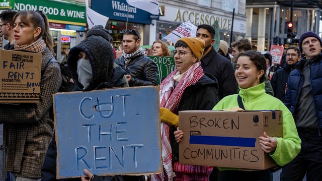 Renters, pictured marching in London in December 2024, have become increasingly frustrated at the wait for rent reforms to make it into law. Image: London Renters Union / Jack Witek