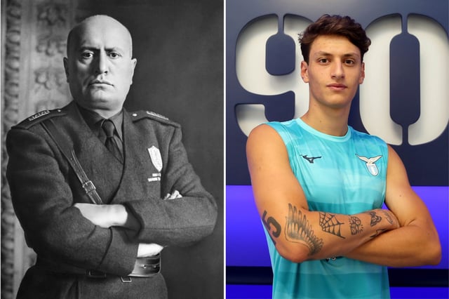 Former Italian dictator Benito Mussolini (left) and his great-grandson, Lazio player Romano Mussolini (right).
