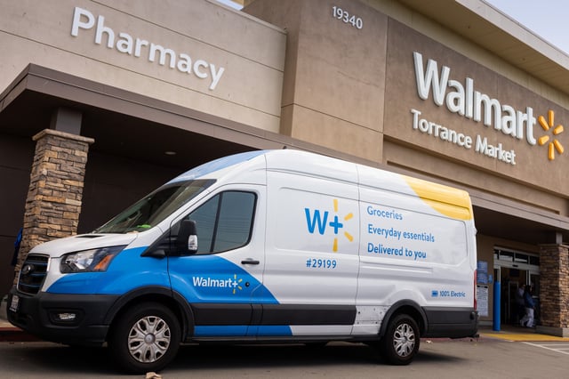 A Walmart delivery van parked in front of the Walmart Torrance Market, on April 3, 2025 in Torrance, California.