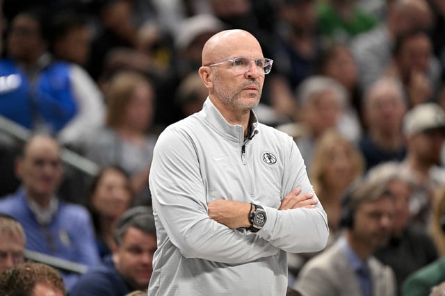 Apr 9, 2025; Dallas, Texas, USA; Dallas Mavericks head coach Jason Kidd looks on during the third quarter against the Los Angeles Lakers at the American Airlines Center. Mandatory Credit: Jerome Miron-Imagn Images/File Photo