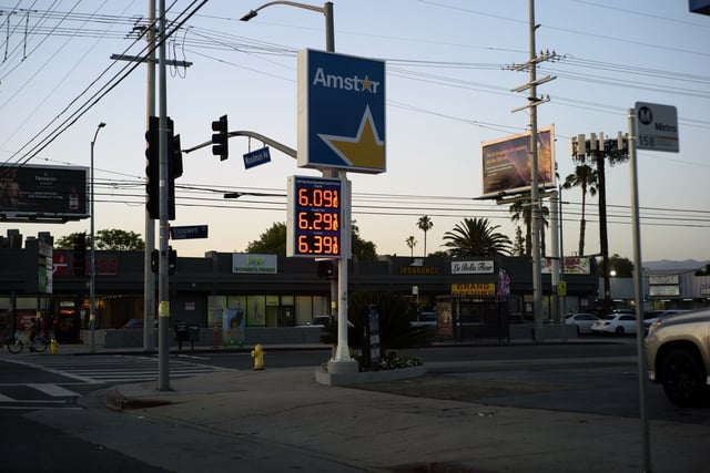Gasoline prices above 6.00 dollars a gallon are shown at a gas station in Los Angeles on Tuesday, June 7, 2022.
