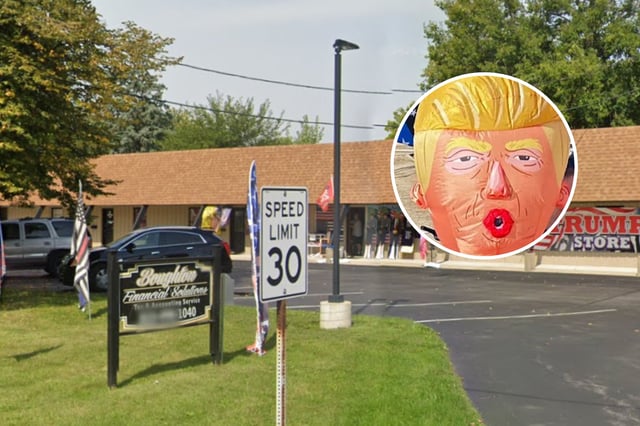 The Trump &amp; Truth Store in Huntley (main image) with the controversial Trump inflatable figure pictured as an insert.