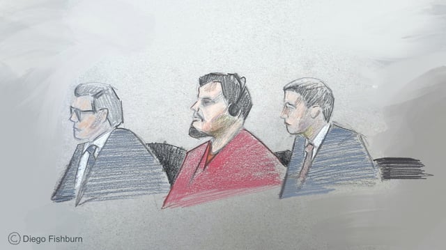 This courtroom sketch depicts, from left, attorney Sean Hecker, Kilmar Abrego Garcia and attorney Rascoe Dean in court during Garcia's detention hearing on Wednesday, June 25, 2025, in Nashville, Tenn. (AP Photo/Diego Fishburn)