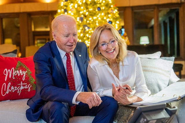 President Joe Biden and First Lady Jill Biden call children while watching the NORAD Santa Tracker at Camp David, Maryland on Sunday, December 24, 2023, where they are spending the Christmas holiday. (Official White House Photo by Adam Schultz)