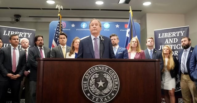 Texas Attorney General Ken Paxton speaks about impending impeachment proceedings against him at a press conference in Austin on May 26, 2023. Behind Paxton from left: Tommy Tran, executive assistant; James R. Lloyd, associate deputy attorney general for civil litigation; Austin A. Kinghorn, associate deputy attorney general for legal counsel; Ryan Fisher, director of government relations; Joshua Reno, deputy attorne…