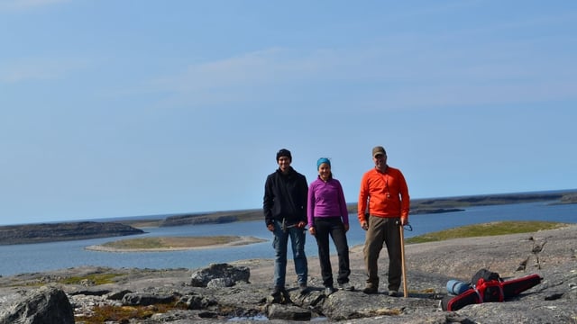 Christian Sole, Hanika Rizo and Jonathan O'Neil, three co-authors of the new paper, stand on the Nuvvuagittuq Greenstone Belt in northern Quebec. Their study provides new evidence that it contains the oldest rocks on Earth.