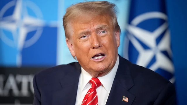 President Donald Trump speaks to media at the start of the second day of the 2025 NATO Summit on June 25, 2025 in The Hague, Netherlands. (Andrew Harnik/Getty Images)