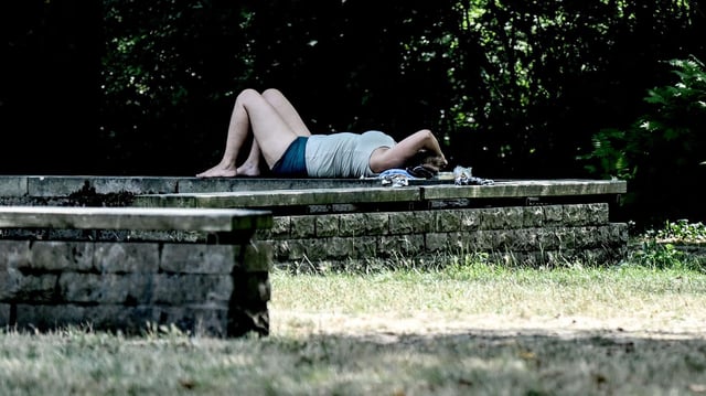 Eine junge Frau ruht sich im Schatten der Bäume aus.
