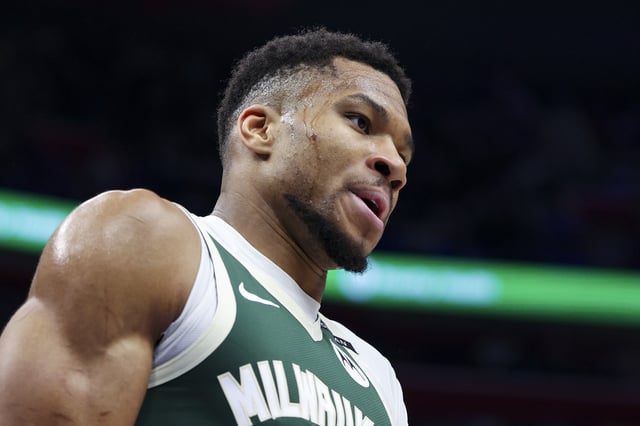 Giannis Antetokounmpo #34 of the Milwaukee Bucks looks on during the first quarter of a game against the Detroit Pistons at Little Caesars Arena on April 11, 2025 in Detroit, Michigan.