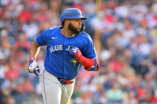 CLEVELAND, OHIO - JUNE 24: Vladimir Guerrero Jr. #27 of the Toronto Blue Jays runs out a single during the third inning against the Cleveland Guardians at Progressive Field on June 24, 2025 in Cleveland, Ohio. Jason Miller/Getty Images