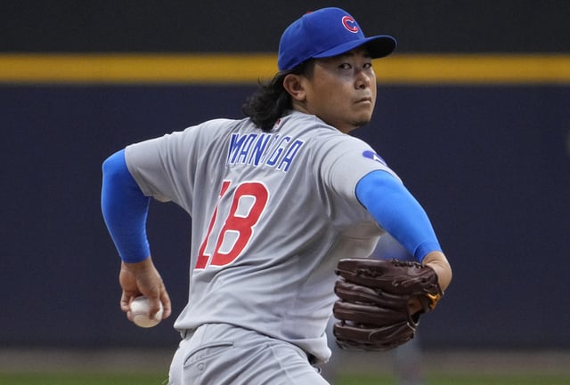 May 4, 2025; Milwaukee, Wisconsin, USA; Chicago Cubs pitcher Shota Imanaga (18) delivers a pitch against the Milwaukee Brewers in the first inning at American Family Field. Mandatory Credit: Michael McLoone-Imagn Images