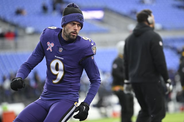 Dec 21, 2024; Baltimore, Maryland, USA;  Baltimore Ravens place kicker Justin Tucker (9) warms up in the end zone before the game against the Pittsburgh Steelers at M&T Bank Stadium. Mandatory Credit: Tommy Gilligan-Imagn Images/File Photo