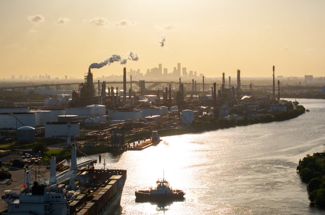 In an aerial view, the LyondellBasell Houston refinery is seen at sunset on June 18, 2025 in Houston, Texas.)