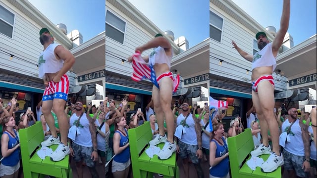 Travis Kelce rips off his pants for a good cause at an Eagles Autism Foundation event.