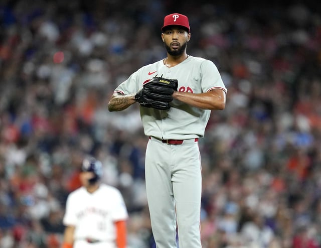 Philadelphia Phillies starting pitcher Cristopher Sanchez reacts after striking out Houston Astros&#39; Christian Walker with the bases loaded during the second inning of a baseball game, Thursday, June 26, 2025, in Houston. (AP Photo/Karen Warren)