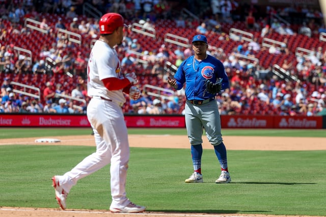 ST LOUIS, MISSOURI – JUNE 26: Willson Contreras #40 of the St. Louis Cardinals has words with pitcher Daniel Palencia #48 of the Chicago Cubs as he takes his base after being hit by pitch during the ninth inning at Busch Stadium on June 26, 2025 in St Louis, Missouri. (Photo by Scott Kane/Getty Images)