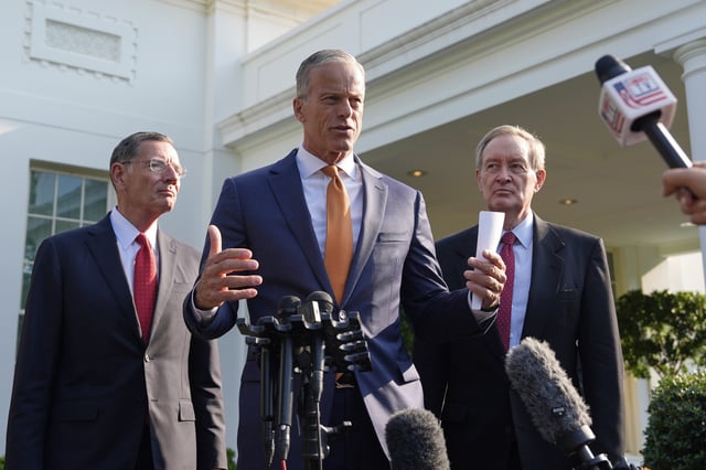 Senate Majority Leader John Thune, R-S.D.,, flanked by Sen. John Barrasso, R-Wyo., left, and Sen. Mike Crapo, R-Idaho, speak with reporters after meeting with President Donald Trump at the White House, Wednesday, June 4, 2025, in Washington. (AP Photo/Alex Brandon)