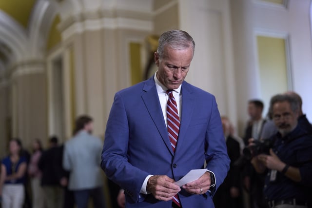 Senate Majority Leader John Thune, R-S.D., arrives to speak with reporters about the reconciliation process to advance President Donald Trump's spending and tax bill, during a news conference at the Capitol in Washington, Tuesday, June 3, 2025. (AP Photo/J. Scott Applewhite)