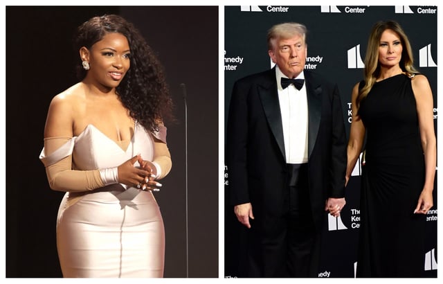 U.S. Representative Jasmine Crockett walks onstage during the 5th Annual Hollywood Unlocked Impact Awards at The Beverly Hilton on June 20, 2025 in Beverly Hills, California. (Photo by Matt Winkelmeyer/Getty Images), U.S. President Donald Trump and first lady Melania Trump attend the opening night of "Les Misérables" at The Kennedy Center on June 11, 2025 in Washington, DC. (Photo by Shannon Finney/Getty Images)