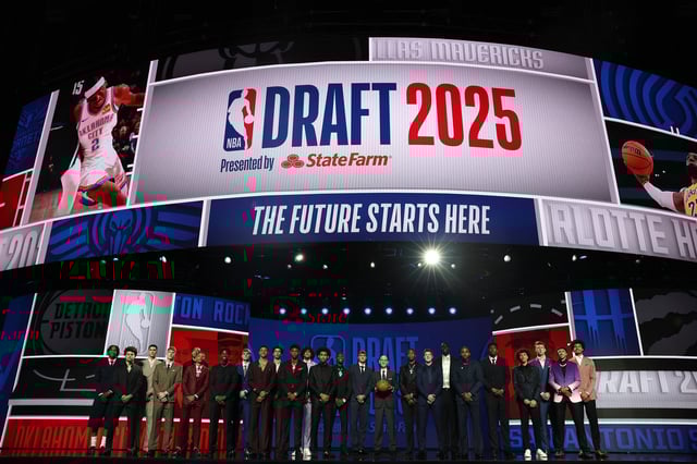 Commissioner Adam Silver poses with 2025 NBA Draft Prospects prior to the first round of the 2025 NBA Draft at Barclays Center on June 25, 2025 in the Brooklyn borough of New York City.