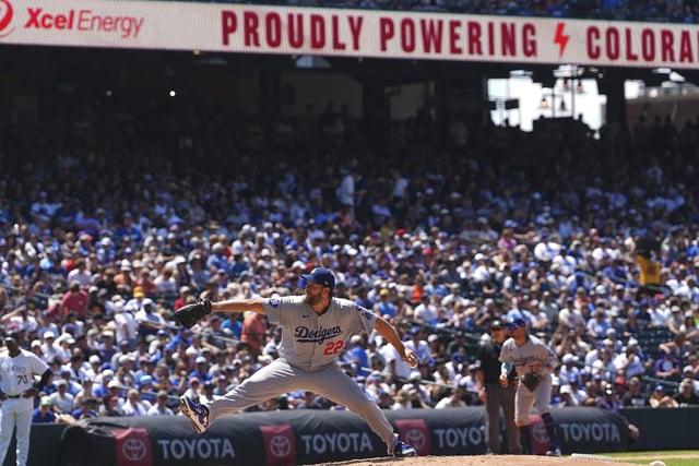 Los Angeles Dodgers starting pitcher Clayton Kershaw (22) works against the Colorado Rockies in the sixth inning of a baseball game Thursday, June 26, 2025, in Denver. (AP Photo/David Zalubowski)
