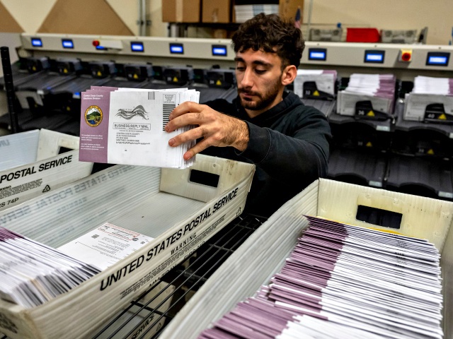 An election worker sorts mail-in ballots for the 2024 Presidential election in Martinez, California, US, on Tuesday, Nov. 5, 2024. The 2024 presidential campaign was marked by two assassination attempts, a candidate switch, divisive rhetoric and warnings about the fate of democracy. Photographer: David Paul Morris/Bloomberg