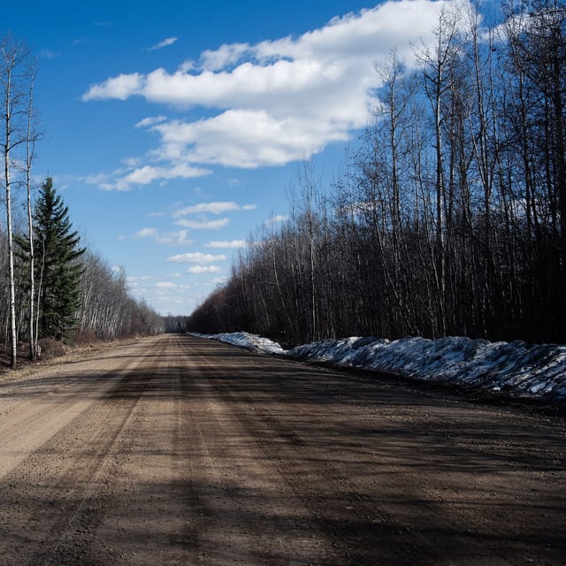A service road near the site of potential AI data centre "Wonder Valley" in the district of Greenview, Alberta, on April 13th, 2025. (Kelsey McMillan/The Globe and Mail)