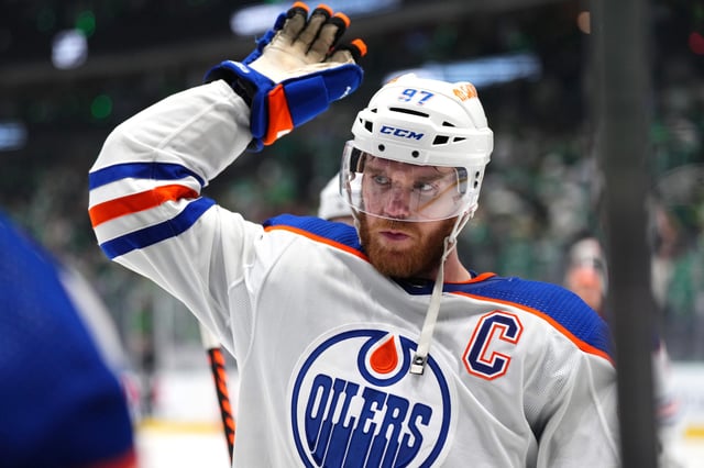 Connor McDavid #97 of the Edmonton Oilers reacts after his game winning goal against the Dallas Stars during the second overtime in Game One of the Western Conference Final of the 2024 Stanley Cup Playoffs at American Airlines Center on May 23, 2024 in Dallas, Texas.