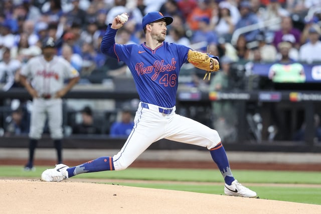 Jun 26, 2025; New York City, New York, USA;  New York Mets starting pitcher Griffin Canning (46) pitches in the first inning against the Atlanta Braves at Citi Field. Mandatory Credit: Wendell Cruz-Imagn Images