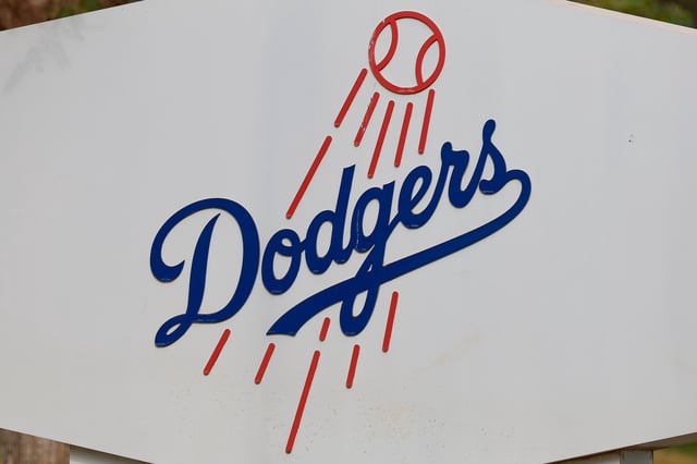 GLENDALE, ARIZONA - FEBRUARY 13: A detail view of a Los Angeles Dodgers logo during spring training workouts at Camelback Ranch on February 13, 2025 in Glendale, Arizona.