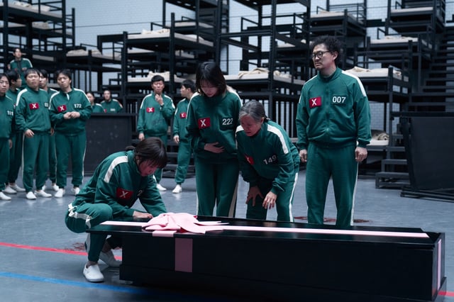 Squid Game 3
Park Sung-hoon as Cho Hyun-ju, Jo Yu-ri as Kim Jun-hee, Kang Ae-sim as Jang Geum-ja, Yang Dong-geun as Park Yong-sik