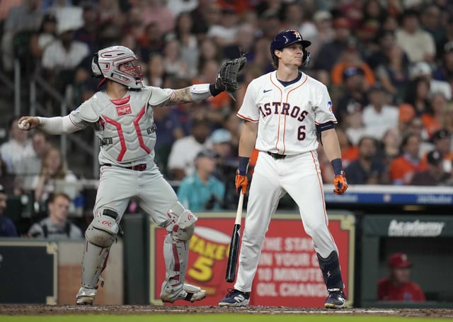 Houston Astros&#39; Jake Meyers (6) reacts after striking out against Philadelphia Phillies starting pitcher Cristopher Sanchez during the third inning of a baseball game, Thursday, June 26, 2025, in Houston. (AP Photo/Karen Warren)