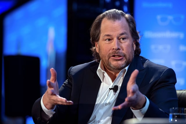 Marc Benioff, founder, chairman and co-CEO of Salesforce, speaks at an Economic Club of Washington luncheon in Washington, DC, on October 18, 2019.