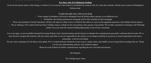 (Cont.) TruEdge Sports sent this email to families that had registered for the George Pickens Youth Football Camp. (Courtesy of Austin Doody)