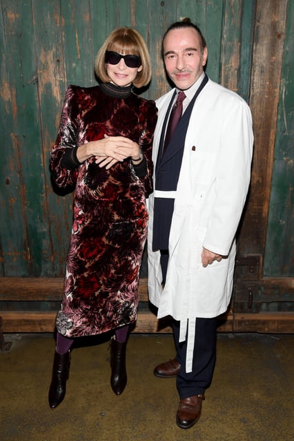 Anna Wintour, left, and John Galliano attend Vogue's Forces of Fashion Conference at Milk Studios in New York City on Oct. 12, 2017.