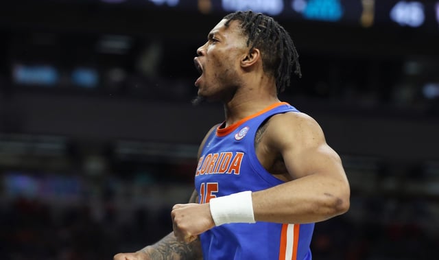 Florida guard Alijah Martin screams during the NCAA Basketball National Championship Game of Florida vs. Houston at the Alamodome in San Antonio on Monday, April 7, 2025. Florida won the game 65-63. (Stephen M. Dowell/Orlando Sentinel)