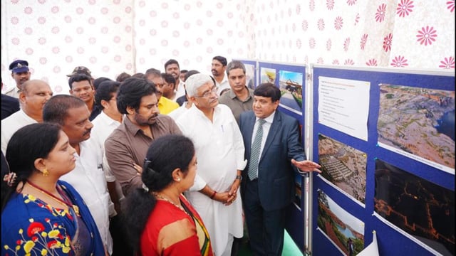 Union tourism minister Gajendra Singh Shekhawat and deputy chief minister Pawan Kalyan at the foundation stone laying event on Thursday. (HT photo)