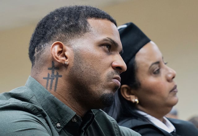 Tampa Bay Rays shortstop Wander Franco, left, reacts after hearing his sentence during his trial on charges of sexual abuse of a minor, in Puerto Plata, Dominican Republic, Thursday, June 26, 2025. (AP Photo/Fran Afonso)