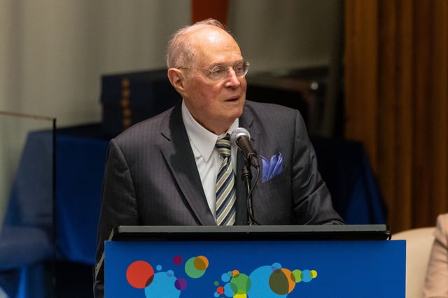 Former US Supreme Court Associate Justice, Anthony Kennedy, can be seen speaking at the World Law Congress at UN headquarters in New York, on July 21, 2023. (Photo by Yuki IWAMURA / AFP) (Photo by YUKI IWAMURA/AFP via Getty Images)