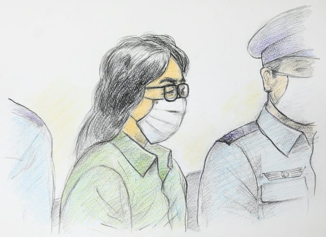 Ce croquis d'audience réalisé par Masato Yamashita le 30 septembre 2020 montre Takahiro Shiraishi, lors de son premier procès au tribunal de district de Tachikawa à Tokyo