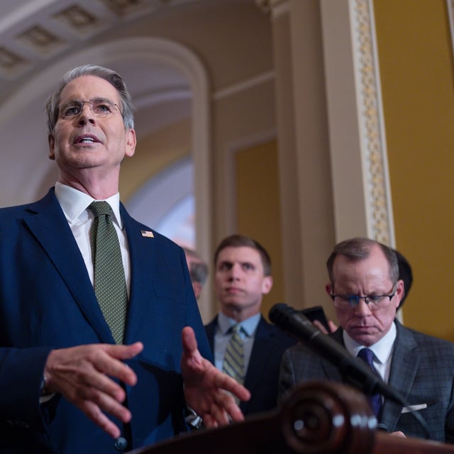 Treasury Secretary Scott Bessent talks to reporters about his lunch meeting with Republican senators and the schedule for getting the Republican megabill to President Donald Trump's desk by July 4, at the Capitol in Washington, Tuesday, June 24, 2025. (AP Photo/J. Scott Applewhite)