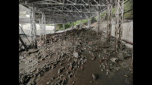 Debris at the site after fresh landslide triggered by rains blocked the new track to Mata Vaishno Devi shrine atop Trikuta hills, in Reasi district of Jammu and Kashmir on Thursday. (PTI)