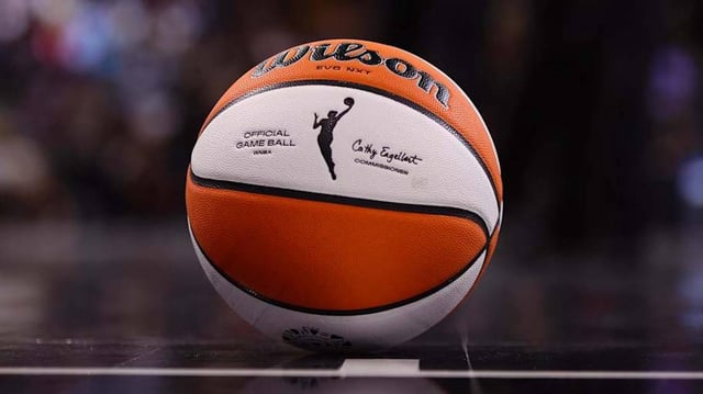 A view of a WNBA basketball on the court.