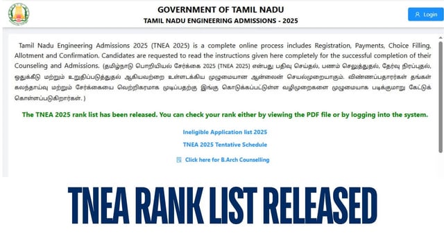 TNEA Rank List 2025 For Engineering Released at tneaonline.org; Check Counselling Details