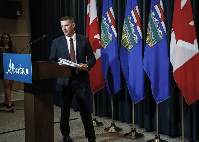 Alberta finance minister Nate Horner arrives to speak to the media at a news conference in Calgary, Thursday, June 29, 2023.THE CANADIAN PRESS/Jeff McIntosh