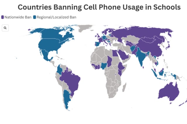 This map shows countries that ban cell phone usage in schools at the nationwide and at the regional/localized level.