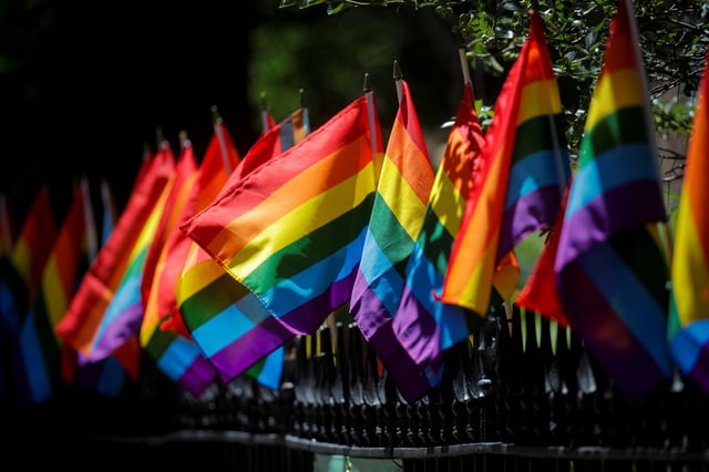 Pride flags are used to celebrate Pride Month at the Stonewall National Monument at Christopher Park adjacent to The Stonewall Inn, in the Greenwich Village section of New York City, New York, U.S., June 23, 2021.  REUTERS/Brendan McDermid/File photo